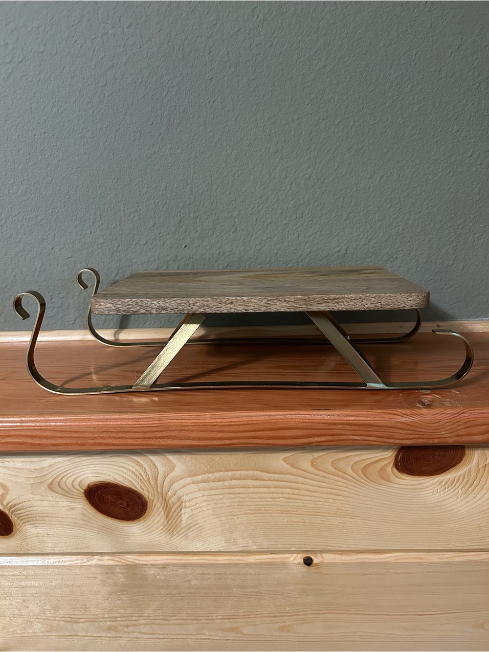 Threshold Gold Metal and Brown Wood Sled Serving Tray
